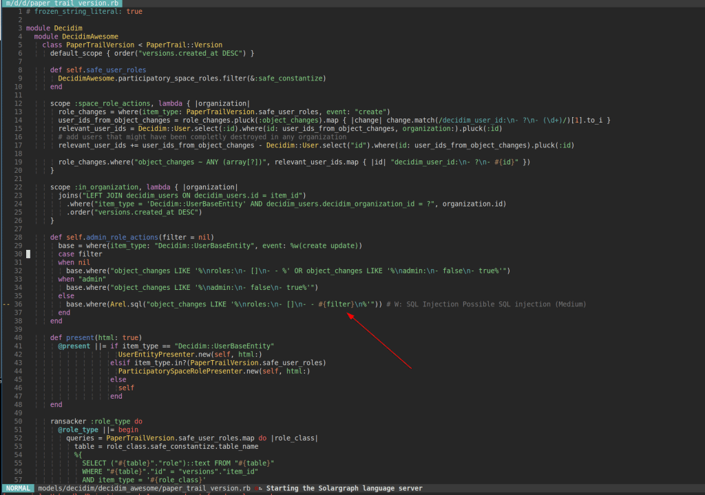 Code shows sqli with param filter