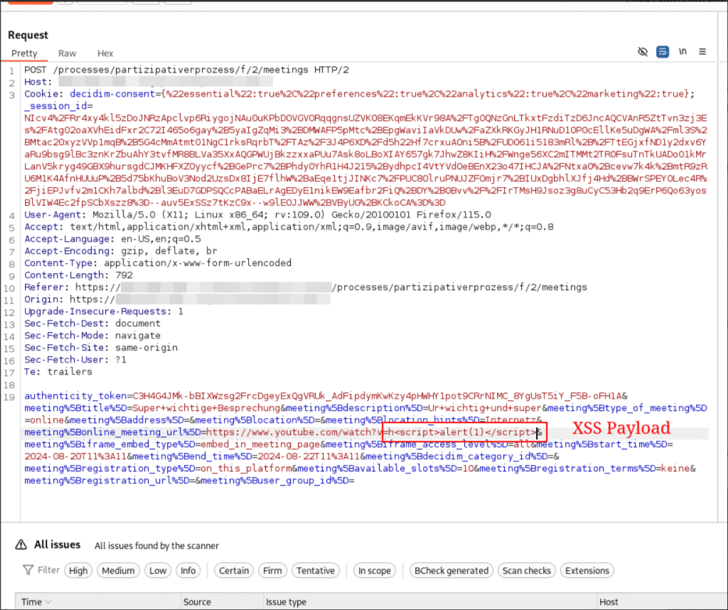 Request in Burp shows the xss-payload
